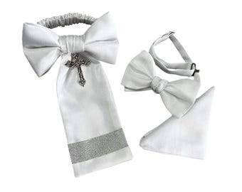 Boys Bow Tie, Pocket Square and Armband Set - White Shantung with Religious Cross - First Holy Communion - Boys Sizing - Crafted in the USA