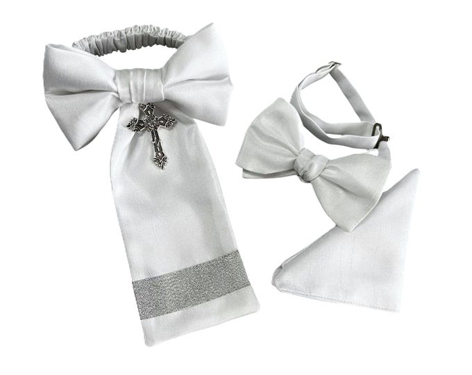 Boys Bow Tie, Pocket Square and Armband Set - White Shantung with Religious Cross - First Holy Communion - Boys Sizing - Crafted in the USA