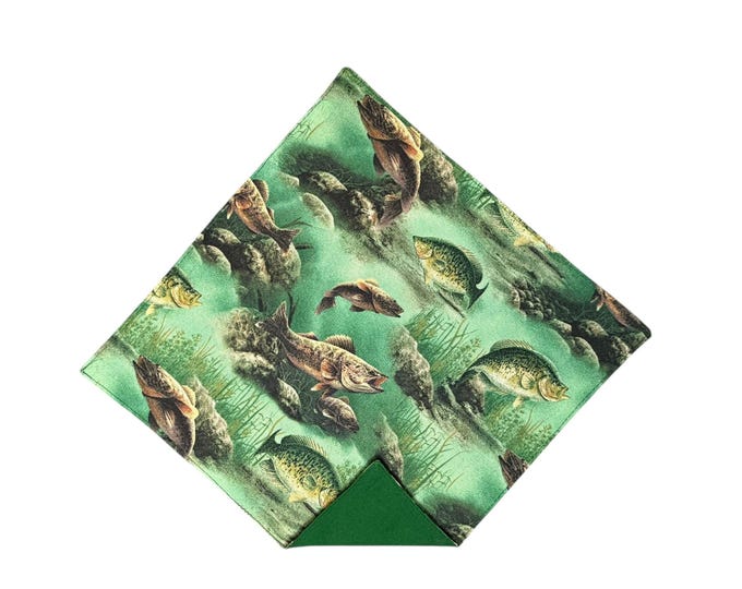 Pocket Square - Green Fishing - Adult Men's Sizing - Cotton -Handcrafted in the USA