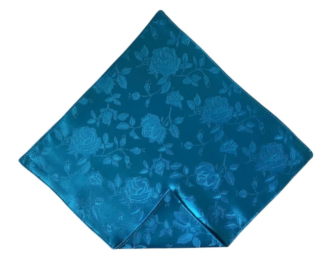Pocket Square - Turquoise Rose Satin Jacquard - Wedding Handkerchief - Adult Men's Sizing - Handcrafted in the USA