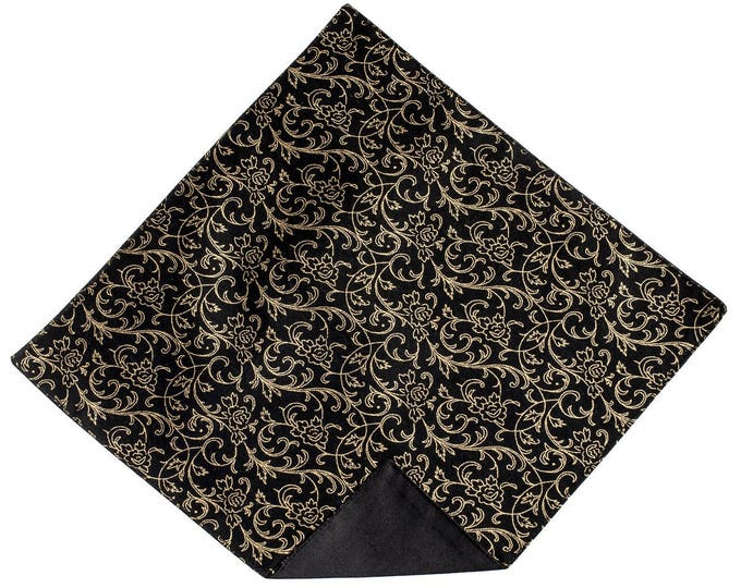 Handkerchief Pocket Square - Black with Gold Metallic Roses and Swirls - Adult Men's to Baby Sizing - Handcrafted in the USA