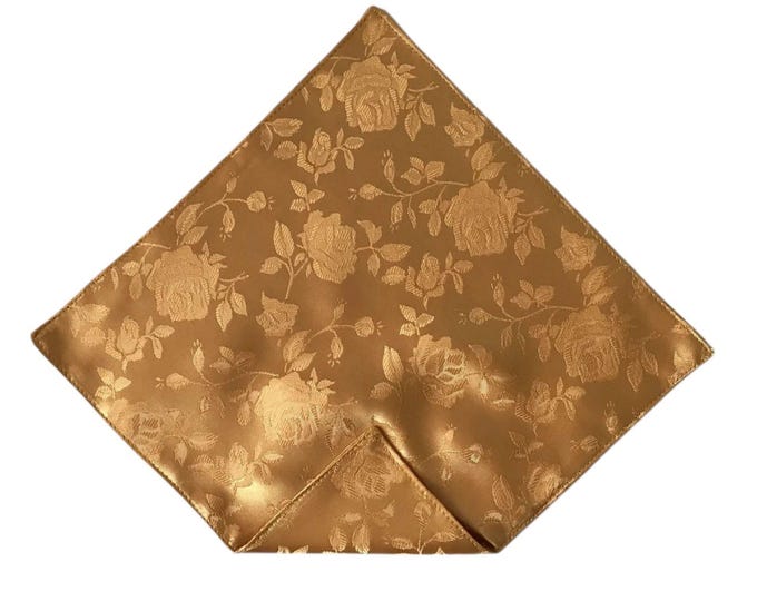 Pocket Square - Gold Rose Satin Jacquard Wedding Handkerchief - Adult Men's Sizing - Handcrafted in the USA