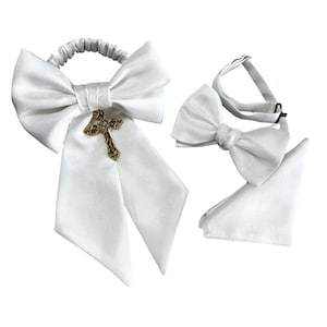Boys Bow Tie, Pocket Square and Armband Set - White Shantung Religious Cross - First Holy Communion - Boys Sizing - Crafted in the USA