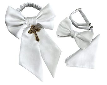 Boys Bow Tie, Pocket Square and Armband Set - White Shantung Religious Cross - First Holy Communion - Boys Sizing - Crafted in the USA