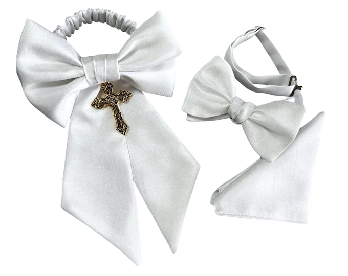 Boys Bow Tie, Pocket Square and Armband Set - White Shantung Religious Cross - First Holy Communion - Boys Sizing - Crafted in the USA