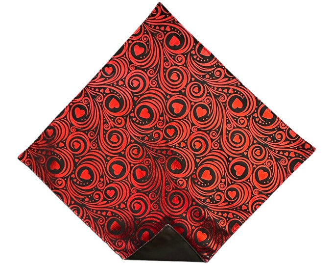 Valentine Pocket Square - Black with Red Foil Hearts and Swirls Handkerchief - Adult Sizing - Handcrafted in the USA