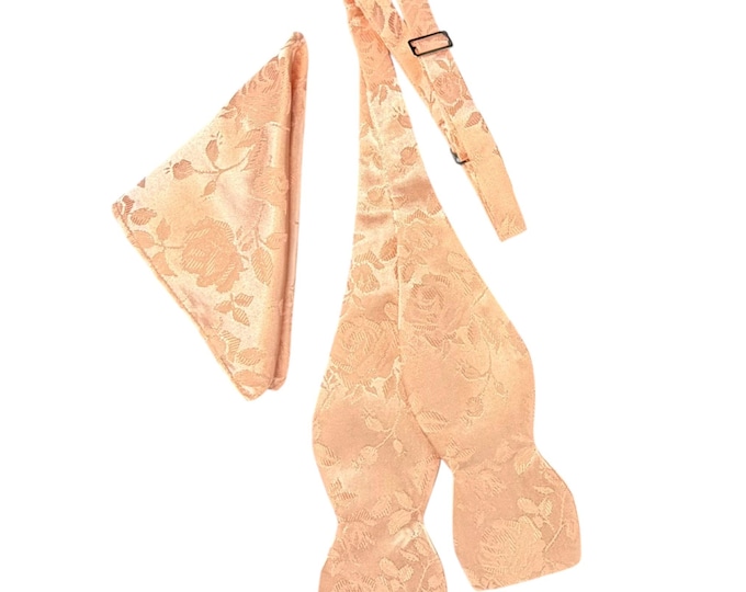 Peach Floral Rose Brocade Bow Tie and Pocket Square Set - Men's Self-tie Satin