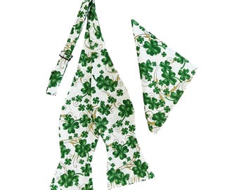 Clover Self-tie Bow Tie and Pocket Square Set - St. Patrick's Day Shades of Green Shamrocks - Adult Men's Sizing - Handcrafted in the USA