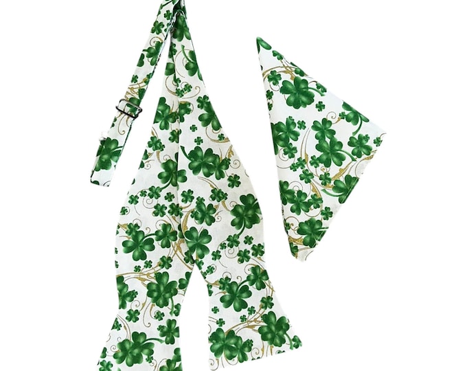 Clover Self-tie Bow Tie and Pocket Square Set - St. Patrick's Day Shades of Green Shamrocks - Adult Men's Sizing - Handcrafted in the USA