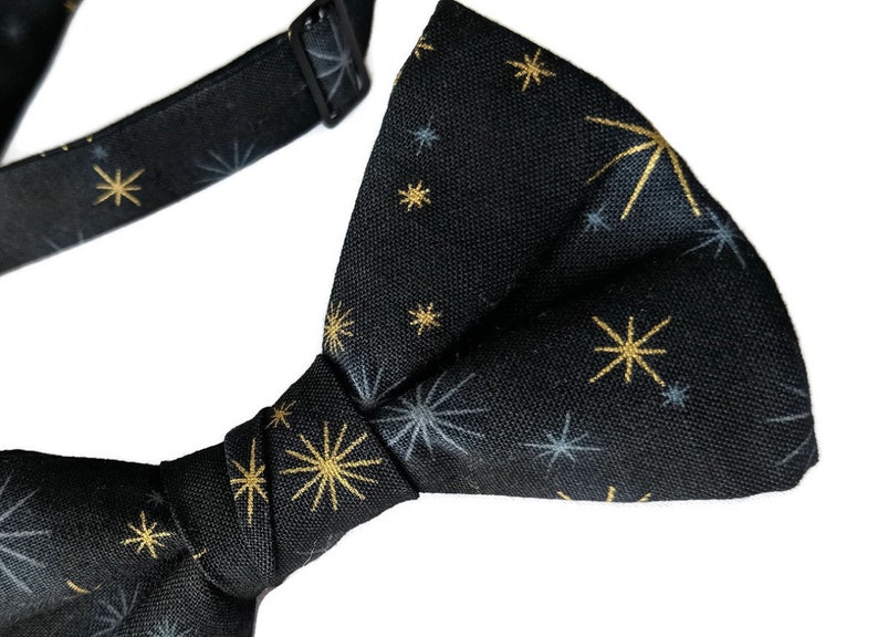 Baby to Adult Men/'s Sizing Black with Gold Metallic and Grey Stars Cotton Bow Tie Crafted in the USA Handmade Pre-Tied Bow Tie