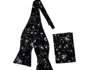 Self-tie Adjustable Bow Tie and Pocket Square Set - Black with Silver Metallic Stars - Premium Cotton - Mens Sizing - Handcrafted in the USA
