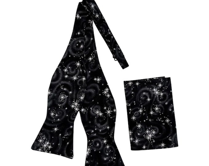 Self-tie Adjustable Bow Tie and Pocket Square Set - Black with Silver Metallic Stars - Premium Cotton - Mens Sizing - Handcrafted in the USA