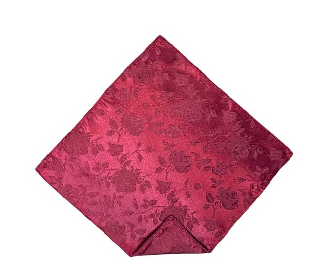 Pocket Square - Burgundy Rose Satin Jacquard Wedding Handkerchief - Adult Men's Sizing - Handcrafted in the USA