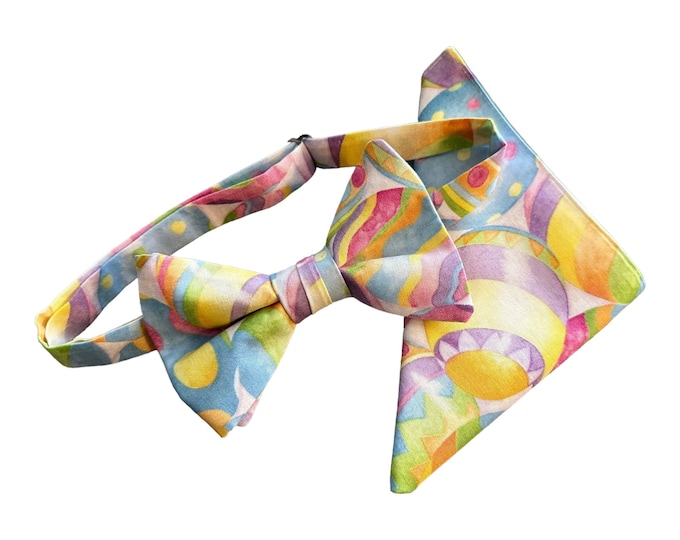 Easter Bow Tie & Pocket Square Set – Pastel Egg Celebration, Crafted in USA