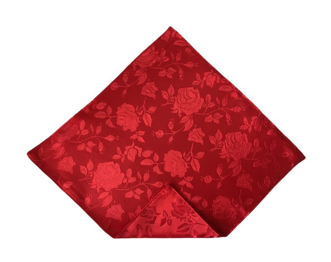 Pocket Square - Red Rose Satin Brocade - Wedding Handkerchief - Adult Men's Sizing - Handcrafted in the USA