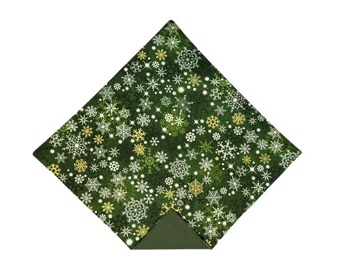 Holiday Pocket Square - Green Christmas Snowflakes - Cotton Handkerchief - Adult Mens Sizing - Handcrafted in the USA