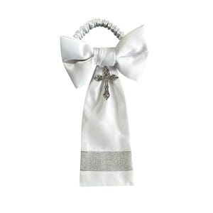 Boys Communion Armband - Religious Silver or Gold Cross Charm - White Polyester Satin - Boys Sizing - Handcrafted in the USA