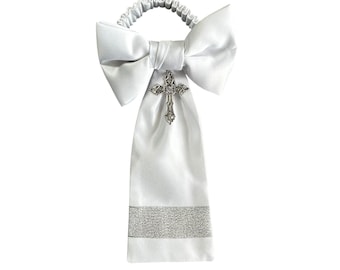 Handmade Boys Communion Armband – White Satin, Silver Cross