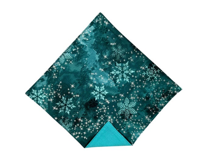 Holiday Pocket Square - Teal Snowflakes with Silver Metallic Stars - Men's Sizing - Crafted in the USA