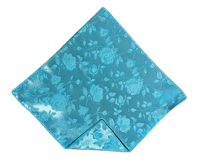 Pocket Square - Spa Blue Rose Satin Jacquard - Wedding Handkerchief - Adult Men's - Handcrafted in the USA