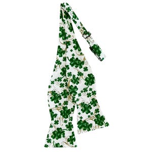 St. Patrick&#39;s Day Self-Tie Bow Tie - White and Green Shamrock Clovers with Gold Metallic Swirls Design - Adult Men&#39;s Sizing