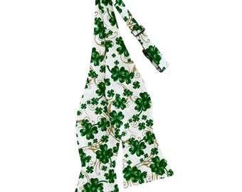 St. Patrick's Day Self-Tie Bow Tie - White and Green Shamrock Clovers with Gold Metallic Swirls Design - Adult Men's Sizing
