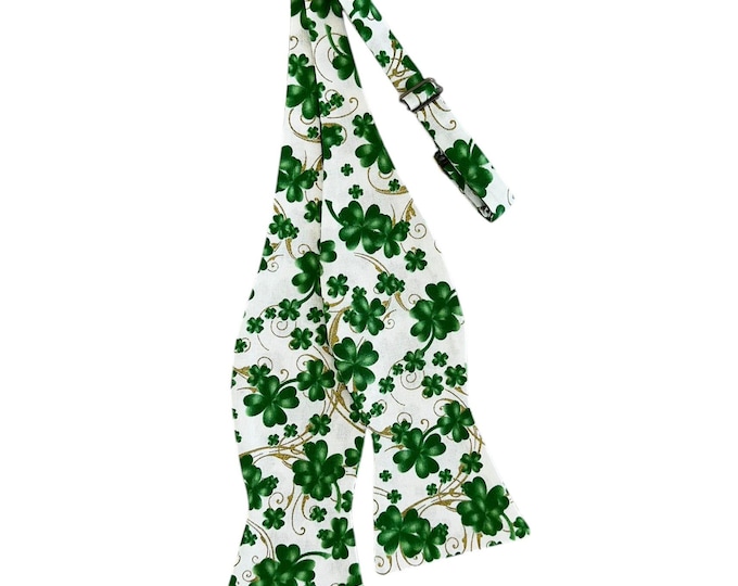 St. Patrick's Day Self-Tie Bow Tie - White and Green Shamrock Clovers with Gold Metallic Swirls Design - Adult Men's Sizing