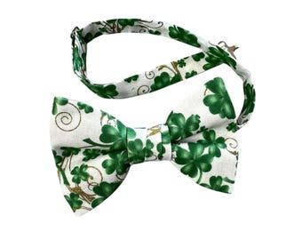 St. Patrick's Day Bow Tie - White with Shades of Green Shamrock Clovers and Touched with Gold Metallic Swirls- Adult Men's Sizing