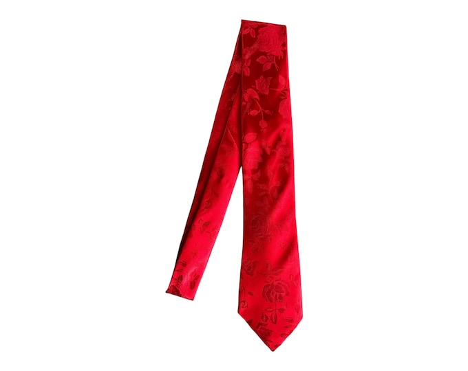 Self-tie Necktie - Red on Red Roses - Satin Brocade - Adult Mens Sizing - Handcrafted in the USA