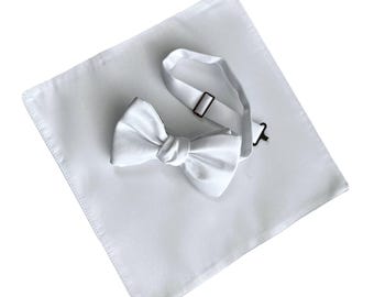 White Satin Bow Tie & Pocket Square Set – First Communion