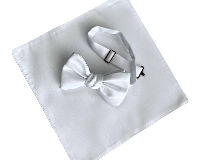 Boys Bow Tie and Pocket Square Set - Solid White Polyester Satin for First Holy Communion - Boys and Youth Sizing - Handcrafted in the USA