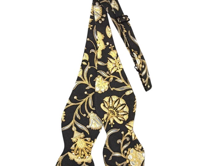 Gold Metallic Floral Bow Tie: Black Cotton, Self-Tie - Holiday Design