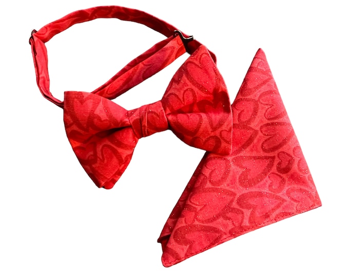 Handmade Valentine Bow Tie & Pocket Square Set – Red Scattered Hearts
