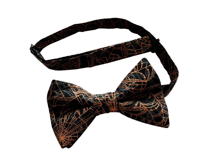 Handmade Pretied Bow Tie - Black with Orange Metallic Spider Web Halloween Design - Adult Men's Sizing - Crafted in the USA