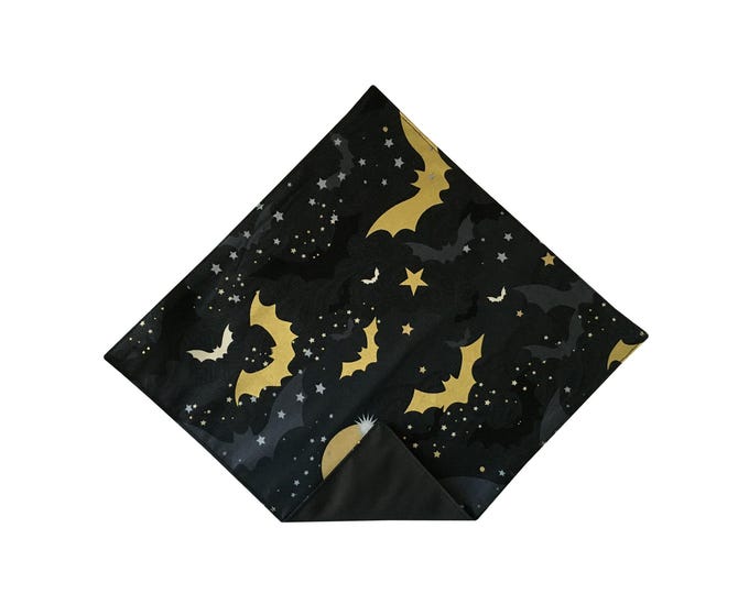 Halloween Pocket Square - Black with Gold Metallic Bats and Stars - Men’s Reversible Handkerchief - Handcrafted in USA