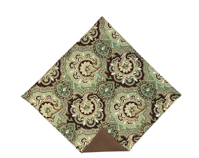 Men's Pocket Square - Teal & Brown Paisley - Wedding Prom - Adult Men's Sizing - Handcrafted in the USA