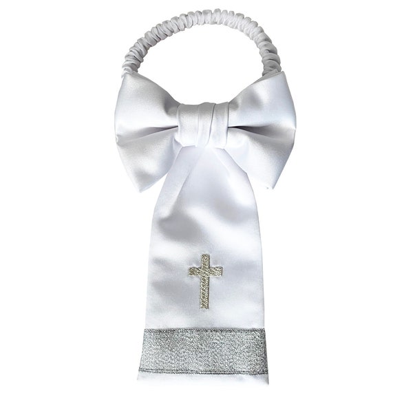 Boy's Communion Armband - White Satin with Colored Embroidered Religious Cross - Boys Sizing - Handcrafted in the USA