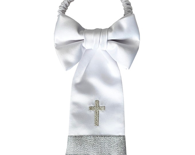 Boy's Communion Armband - White Satin with Colored Embroidered Religious Cross - Boys Sizing - Handcrafted in the USA