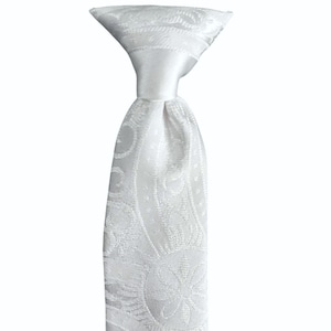 Boys Necktie Clip On - White Clergy Pattern Dress Tie for Communion - Toddler and Boys Sizing - Handcrafted in the USA