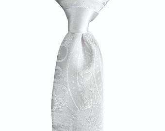 Boys Necktie Clip On - White Clergy Pattern Dress Tie for Communion - Toddler and Boys Sizing - Handcrafted in the USA