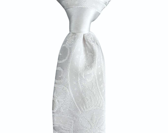 Boys Necktie Clip On - White Clergy Pattern Dress Tie for Communion - Toddler and Boys Sizing - Handcrafted in the USA