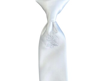 Boys' Necktie Clip-on - White Embroidered First Holy Communion Cross - Boys Sizing - Handcrafted in the USA