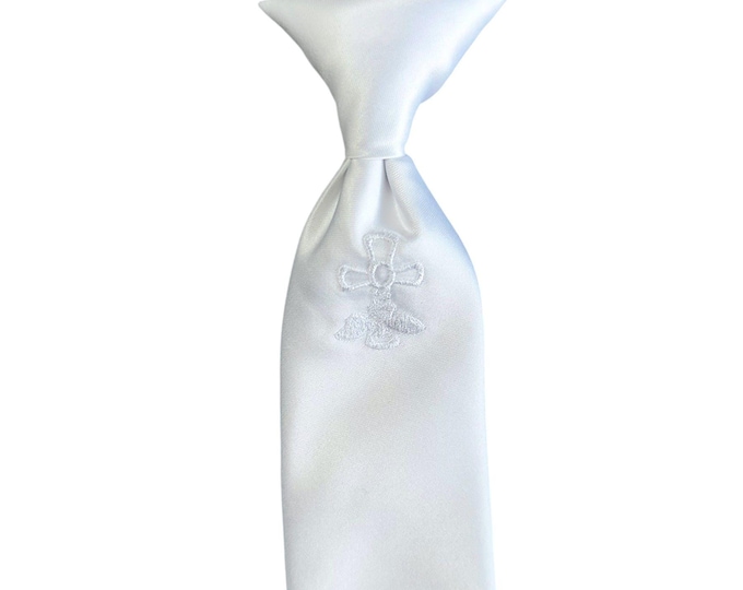 Boys' Necktie Clip-on - White Satin with Embroidered First Holy Communion Cross - Boys Sizing - Handcrafted in the USA