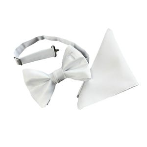Boy's Bow Tie and Pocket Square Set - White Satin with Embroidered Religious Cross - Boys and Youth/Men's Sizing - Handcrafted in the USA