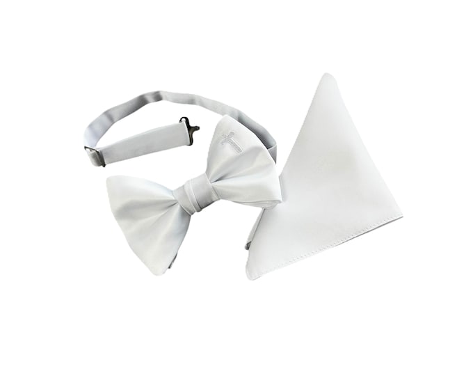 Boy's Bow Tie and Pocket Square Set - White Satin with Embroidered Religious Cross - Boys and Youth/Men's Sizing - Handcrafted in the USA