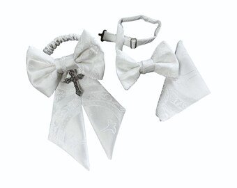 Boys Bow Tie, Pocket Square and Armband Set - White Clergy Brocade Religious Cross - First Holy Communion - Boys Sizing - Crafted in the USA