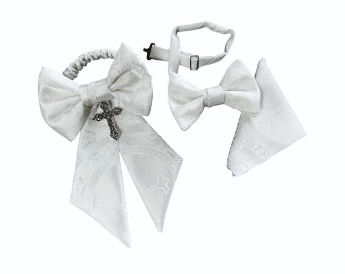 Boys Bow Tie, Pocket Square and Armband Set - White Clergy Brocade Religious Cross - First Holy Communion - Boys Sizing - Crafted in the USA