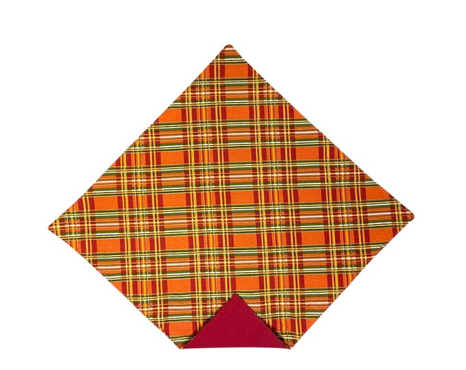 Harvest Orange Plaid Pocket Square: Gold Accents, Handcrafted Cotton