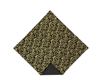 Wedding Pocket Square - Black & Gold Roses and Swirls - Adult Men's Sizing - Handcrafted in the USA