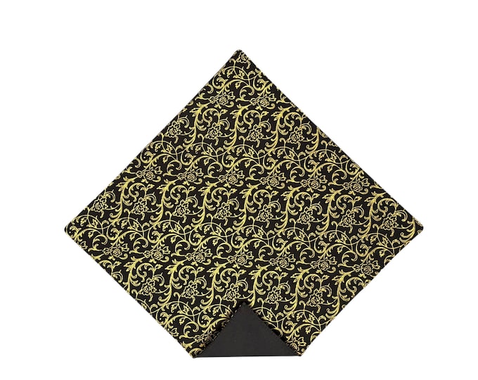 Wedding Pocket Square - Black & Gold Roses and Swirls - Adult Men's Sizing - Handcrafted in the USA